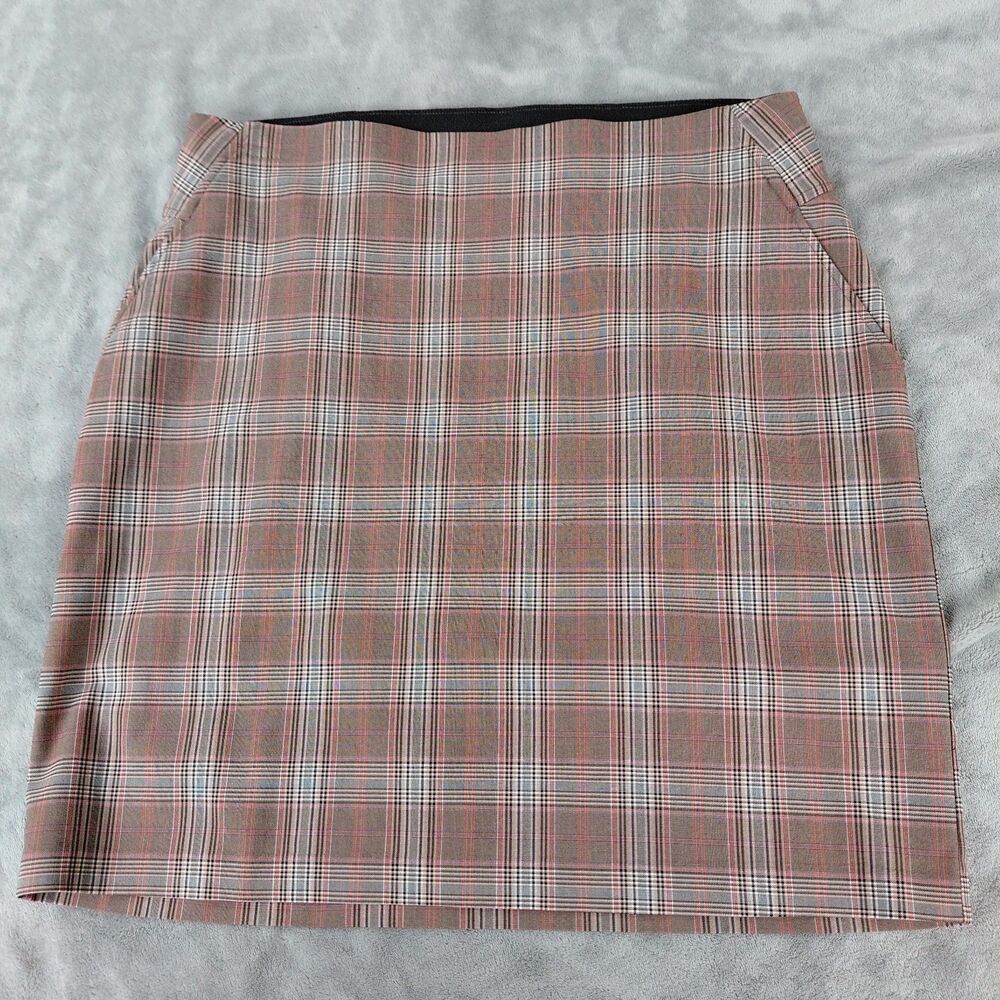Apt. 9 Short Pencil Skirt Womens Large Tan Red Plaid Pull On Pockets Minimalist